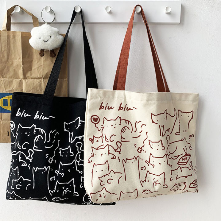 Canvas Bags Handbag For Women Shopper Cute Cat Tote Bag With Zipper Bag Cartoon Shoulder Bags