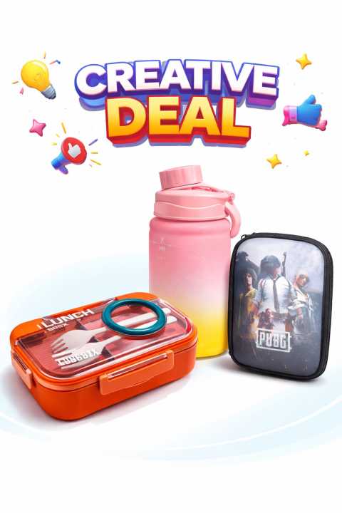 Kids School Combo Set – Lunch Box + Water Bottle + Cartoon Zipper Pouch ...