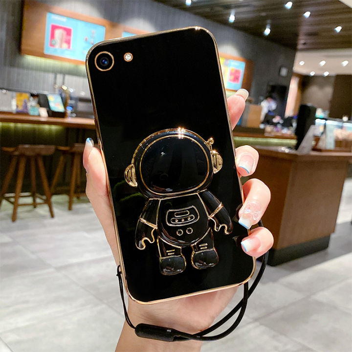 COROGI for OPPO A57 (2016) Back Cover Cartoon Astronaut Folding Stand Stylish 6D Plating Square Bumper Case with Lanyard Soft Silicone Phone Cases Covers Pouch for Girls Boys