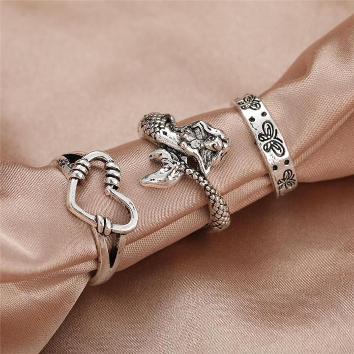 Vintage Hip Pop Butterfly Heart Ring Set for Women Silver Color Plated Mermaid Charm Opening Adjustable Rings Finger Jewelry