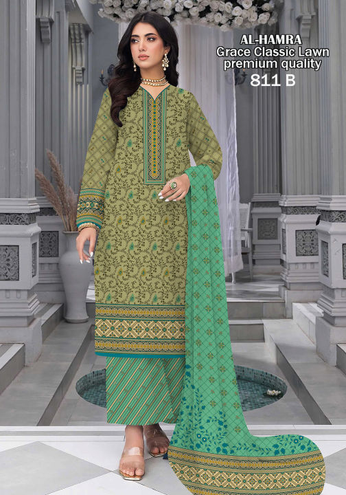 Al-Hamra Grace Classic Lawn Unstitched 3 Piece Suit DN# 811-B
