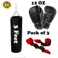 Boxing bag, (3&4 feet)-with, Boxing Gloves, Hand Wraps, Hanging Chain, Unfilled-Black color, Punching bag, For Men And Women, Comfortable with Durable Genuine Leather, AAI Store. 