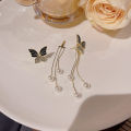 Black Butterfly Korean Temperament Aura Women's Long Tassel Drop Earrings Female Versatile Pearl Earrings for Girls. 