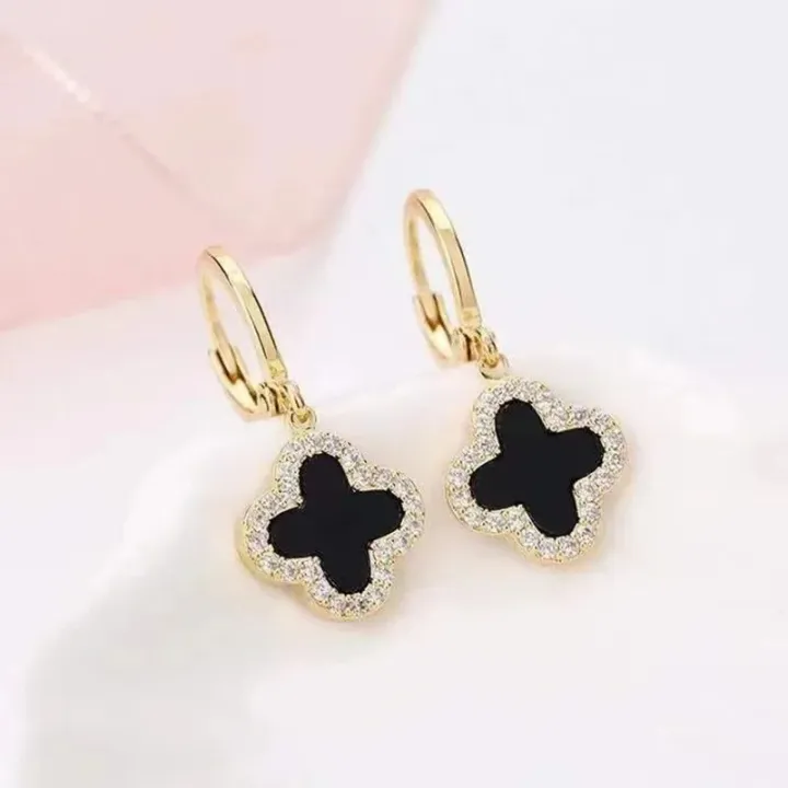 Four Leaf Clover Earrings for Women – Black Crystal Clover Dangle ...