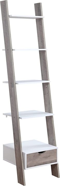 Two-Tone%20White%20and%20Walnut%20Finish%205%20Tier%20Bookcase%20Shelf%20Ladder%20Leaning%20with%20Drawer%20-%2072"%20Height%20-%20Image%206