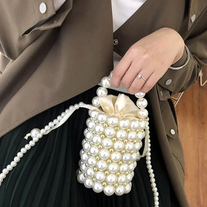Elegant Women’s Pearl Bucket Tote Bag - Handmade Woven Crossbody without strip