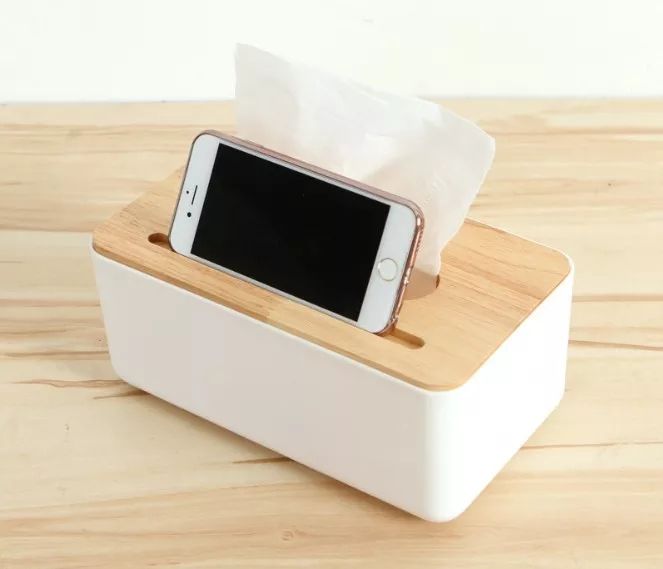 Wooden Tissue Box with Mobile Holder Tissue Box Holder Multifunctional Tissue Box Cover for Bathroom Rectangular Napkin Holder with Smart Phone Slot for End Table ABS Plastic Facial Paper Organizer for Nightstand