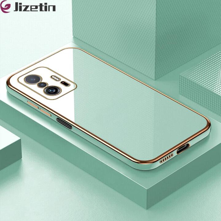 Jizetin (Free Lanyard) for Xiaomi Mi 11T / 11T Pro Back Cover Luxury 6D Plating Case Side Pattern Soft Silicone Square Mobile Phone Cases
