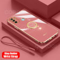 For OPPO A53 2020 Back Cover with Ring Holder Stand + Wrist Strap Shiny Plating Square Bumper Protective Case Soft Silicone Shockproof Mobile Phone Cases. 