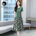 2pcs Women Suit Short Sleeves Round Neck T Shirt Floral Printing Midi Skirt Casual Fashion Two Piece Suit. 