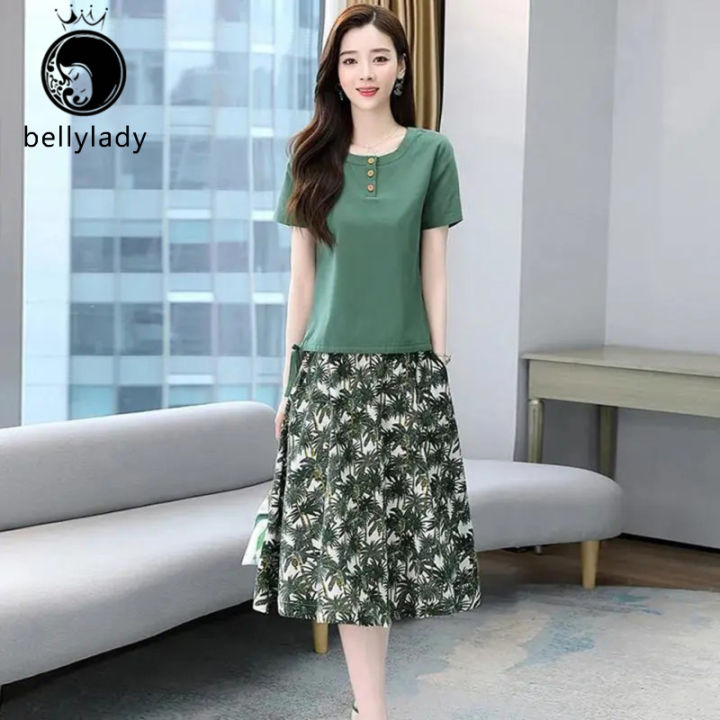 2pcs%20Women%20Suit%20Short%20Sleeves%20Round%20Neck%20T%20Shirt%20Floral%20Printing%20Midi%20Skirt%20Casual%20Fashion%20Two%20Piece%20Suit%20-%20Image%202