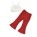 Little Girls Two-Piece Outfits, Sleeveless Front Buttons Bowknot Crop Tops + Elastic Waist Dots Print Flared Trousers. 