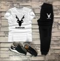 White & black markhor printed For Men & Boys - Soft & Comfy Fabric Summer Printed / New trendy fired printed black & white premium quality tracksuit for men and boys. 