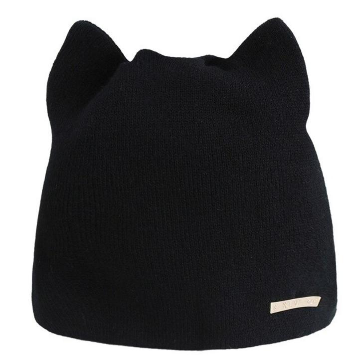 Striped Beanie with Cat Ear Women Contrast Cute Devil Horns Hat Girls Handmade Crochet Winter Warm Ski Cap For Halloween Gift