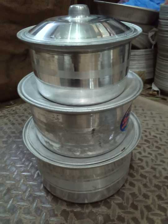 3 Pieces Pot Set Aluminium With Metal Finish 3 Pieces Degchi Set With Cover Bowl pot