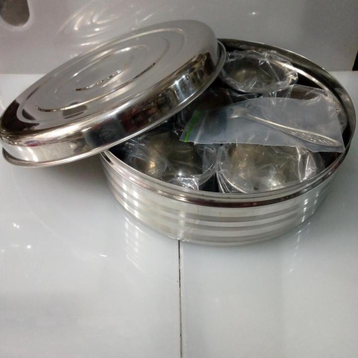 21.5 cm 24.5 cm Stainless Steel Spice Box Masala Box with Silver Touch Design with 7 individual compartments Masala Peti