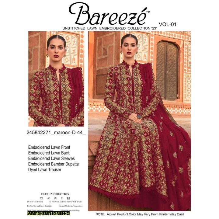 3 pcs bareeze LAWN embroidered unstitched suit