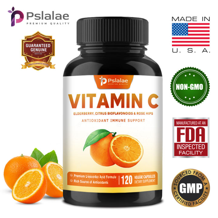 Pslalae Vitamin C Supplement with Elderberry and Citrus Bioflavonoids, Children's Immune Booster Supplement, Vitamin C Capsules