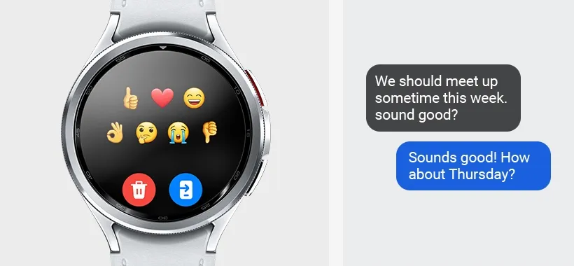 Galaxy Watch6 Classic can be seen, displaying the emoji list on the text screen. Two text …