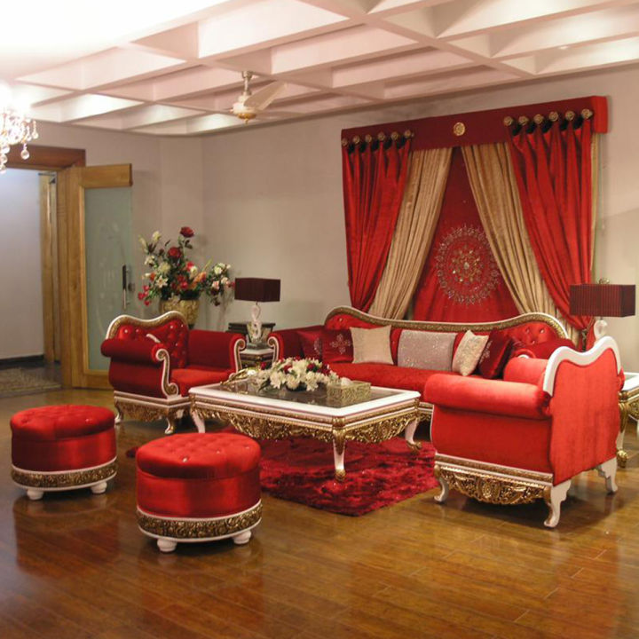 Golden Oak Luxury 7 Seater Maroon Color Sofa Set with Complete Table Set