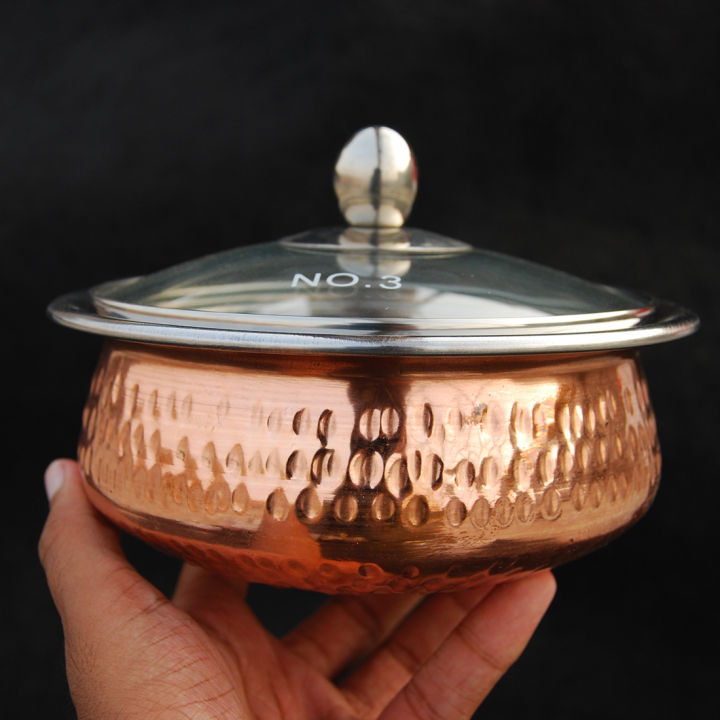Copper%20Handi%20with%20Glass%20Lid%20for%20Serving%20%7C%20Copper%20outside%20Steel%20inside%20%7C%207%20inch%20%7C%20750g%20capacity%20%7C%20Hammered%20Design%20-%20Image%202
