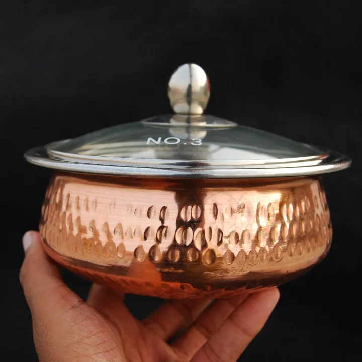 Copper%20Handi%20with%20Glass%20Lid%20for%20Serving%20%7C%20Copper%20outside%20Steel%20inside%20%7C%207%20inch%20%7C%20750g%20capacity%20%7C%20Hammered%20Design%20-%20Image%202