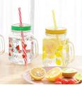Multicolor  Heat Resistant Fruity Glass Mason Jar Mugs Fruit Juice Cups with Lid and Straw For Milk,  Milkshakes Juices  480 ml. 