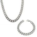 Pack of 2 Silver Stainless Steel Cuban Link Neck Chain and Wrist Bracelet Band for Men / Boys. 