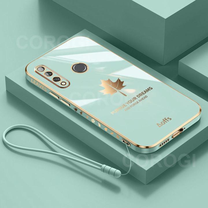 For Huawei Honor 20 Lite Back Cover with Lanyard Luxury Shiny Plating Maple Leaf Camera Lens Protection Square Edge Bumper Soft Silicone Protective Phone Case