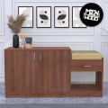 Wooden Street Engineered Wood Exotic Teak & Frosty White Finish Macon Shoe Rack Cabinet Multipurpose Rack for Home & Office with 2 Doors, 4 Shelves, 1 Drawer, Cushion Seat. 