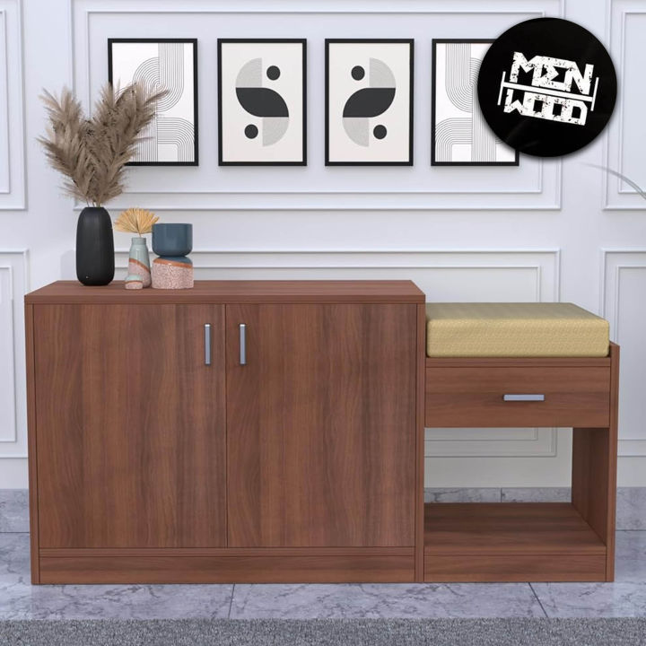 Wooden Street Engineered Wood Exotic Teak & Frosty White Finish Macon Shoe Rack Cabinet Multipurpose Rack for Home & Office with 2 Doors, 4 Shelves, 1 Drawer, Cushion Seat