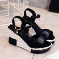 WOMEN SUMMER SLOPE FISH MOUTH BLACK HIGH WEDGE SANDALS. 