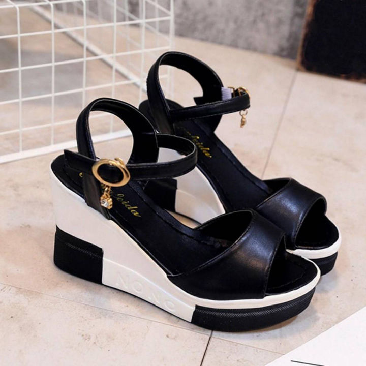 WOMEN SUMMER SLOPE FISH MOUTH BLACK HIGH WEDGE SANDALS