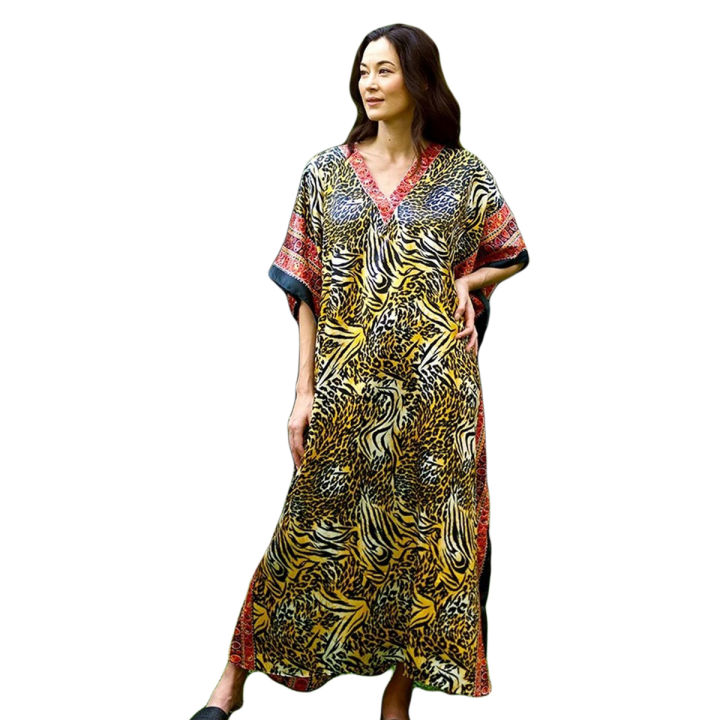 Printed V Neck Long 53 Satin Silk Caftan Women Night Dress 100 7192