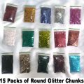 Pack Of 15 Color Round Glitter Chunks for Artwork Decorations, Crafting, Resin Art, UV Nails, and Makeup (Each Pack 20 grams). 