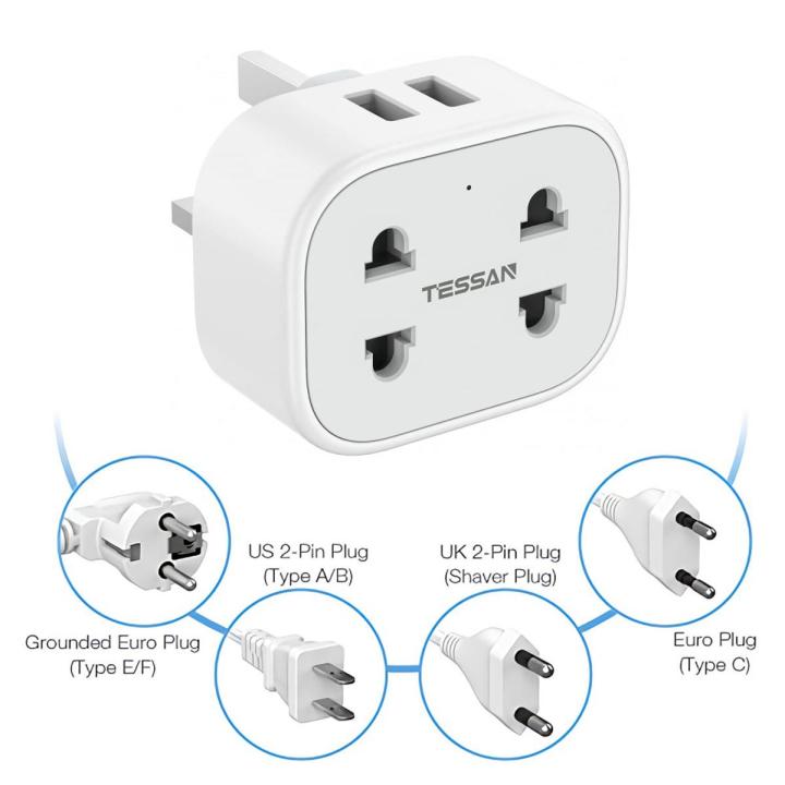 TESSAN Double Shaver Plug Adaptor UK with 2 USB 10A Fused USB Wall Socket Charger Adapter for Bathroom Electric Razor Toothbrush