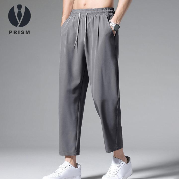 Prism Men Elastic Drawstring Pants Men's Casual Ankle-length Pants Solid Color Straight Wide-leg Trousers Elastic Waist Ice Silk Breathable Quick-dry Cargo Streetwear with Pockets for Everyday for Men