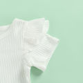 Newborn Baby Three Piece Set, Fly Sleeve Round Neck Shirt Suspender Ruffle Shorts Elastic Matching Headband. 