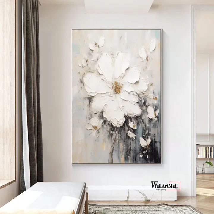 Large%203D%20Textured%20Abstract%20White%20Flower%20Painting%20Print%20Original%20Flower%20Canvas%20Wall%20Art%20Home%20Decor%20Minimalist%20Custom%20Painting%20Ready%20to%20hang%20-%20Image%203
