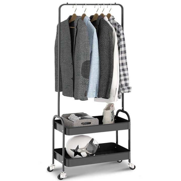 Garment%20Rack%20With%202-Tier%20Shelves,%20Clothes%20Coat%20Hanger,%20Clothing%20Hallstand%20Coat%20Shoes%20Organzier%20Storage%20Rack%20Trolley,%202-in%201%20Garment%20Rack%20Clothing%20Rack%20with%202%20Tier%20Metal%20Basket%20Rolling%20Storage%20Cart%20-%20Image%202