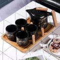 Techmanistan 6 Pieces Marble Pattern Household Tea Cups Set With Teapot & Wooden Tray, Ceramic Tea Cups Sets with Wooden Trays, Tea Cup and Saucer Set, Ceramic Tea Set with Wooden Handle. 