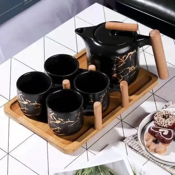 Techmanistan 6 Pieces Marble Pattern Household Tea Cups Set With Teapot & Wooden Tray, Ceramic Tea Cups Sets with Wooden Trays, Tea Cup and Saucer Set, Ceramic Tea Set with Wooden Handle