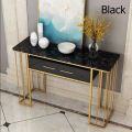 Black Modern Console Table with Storage Box Laminated UV Sheet Marble effect Top & Metal Gold Finishing Frame customizable available. 