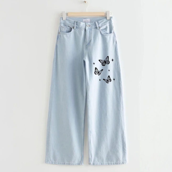 Printed Jeans Design For Girl Light Blue High Waist Wide Leg