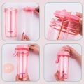 600ML Premium Double Drinking Cup Double Straw Portable Large Capacity Water Bottle Creative Couple Water Mug Dual Purpose Bottle Kettle. 