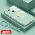 For OPPO A12 Back Cover with Ring Holder Stand + Wrist Strap Shiny Plating Square Bumper Protective Case Soft Silicone Shockproof Mobile Phone Cases. 