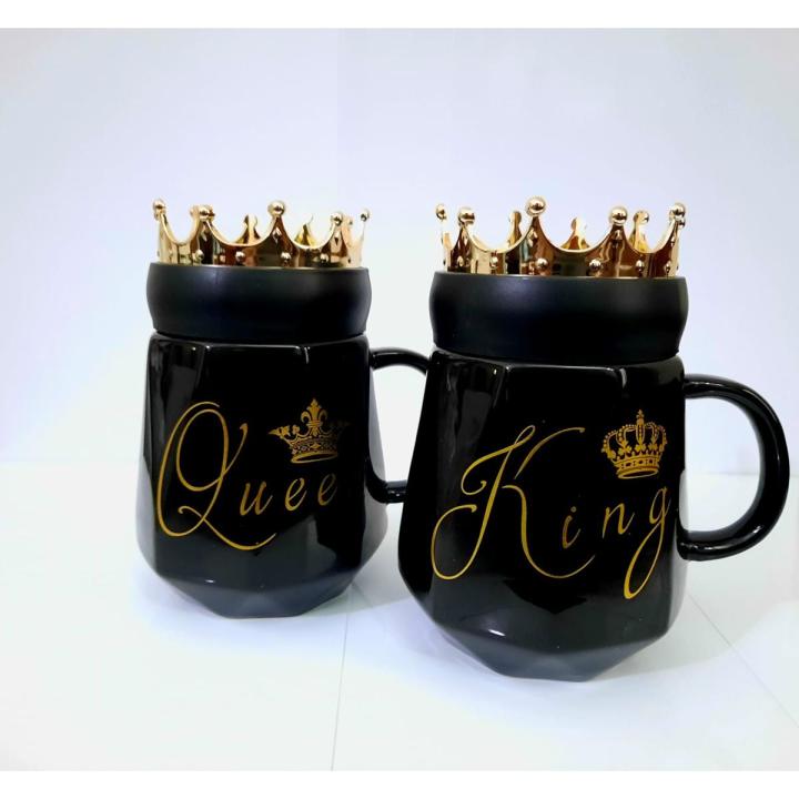 King Queen Ceramic mugs with Crown Lid