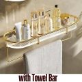 Bathroom Shelf With Hand Towel Bar, Rectangular Wall Mounted Shower Storage Extra Thick Acrylic, Brushed Gold Finish Bathroom Wall Shelf, Bathroom Kitchen Storage Organizer, Makeup Hanging Corner Living Room Storage Organizer. 
