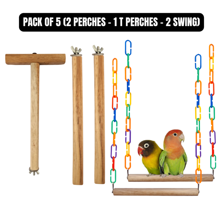 Kolachipets Pack of 5 Bird Perches & Swings | Wooden Parrot Perch, T ... - Macaw Bird Cages With Swings And Perches And Ladders And Ropes