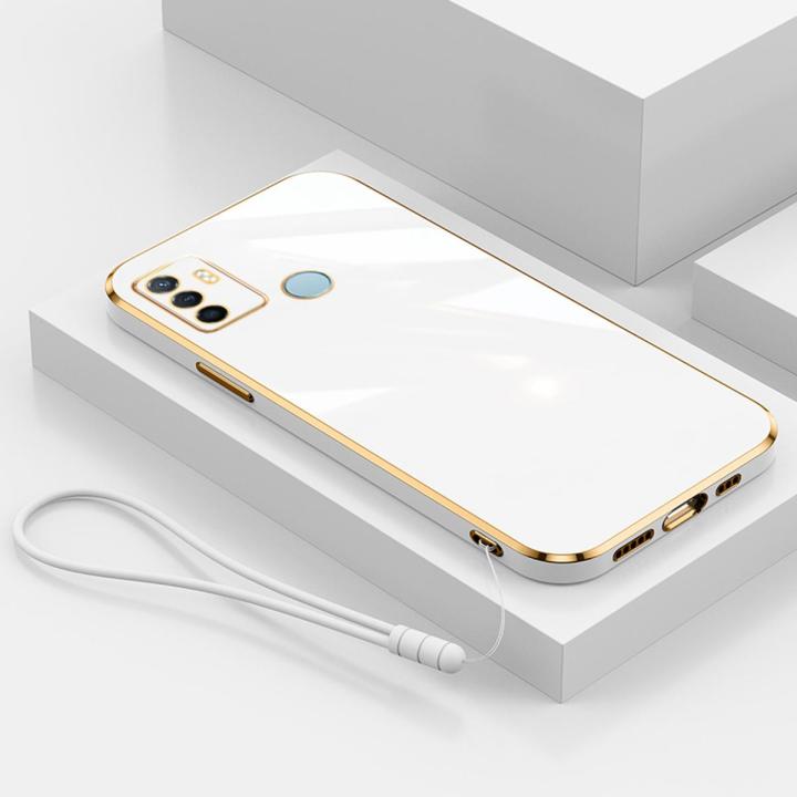 For OPPO A53 2020 Cover with Wrist Strap Fashion Shiny Plating Square Bumper Girls Phone Case Soft TPU Silicone Shockproof Protective Back Cover